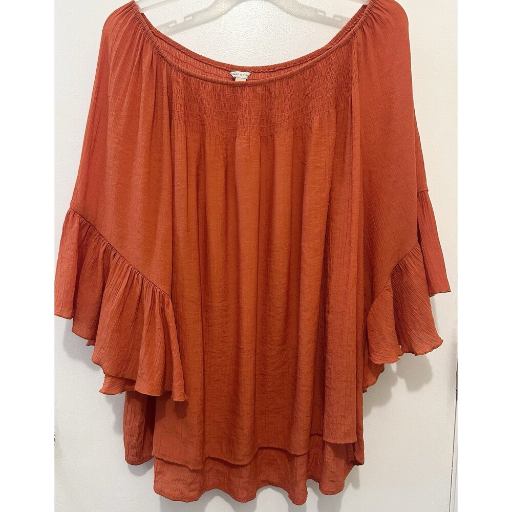 Cato Plus 26/28W Rust Orange Smocked Peasant Top Flutter Sleeves